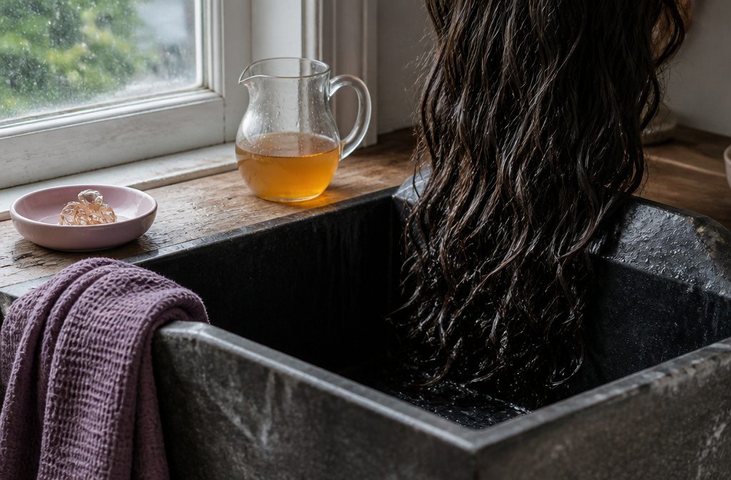 Cloudy amber vinegar in a plain glass bottle beside a bowl and measuring spoon