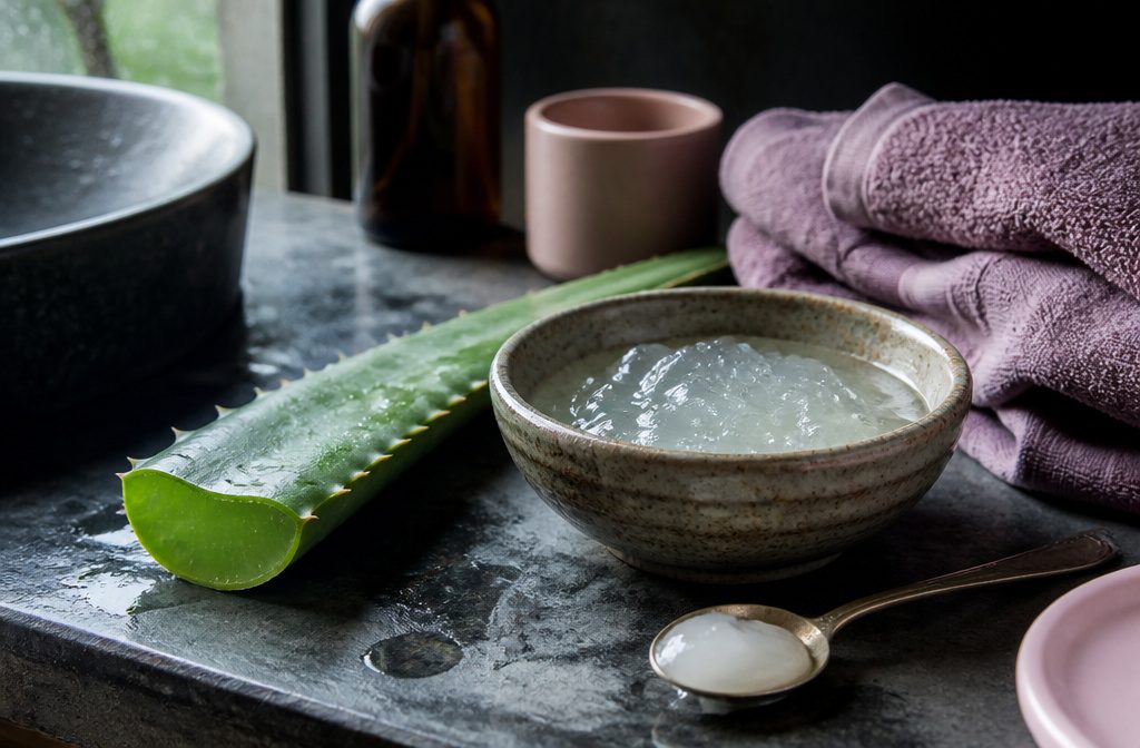 Aloe vera hair mask ingredients with translucent gel and coconut oil in a small bowl