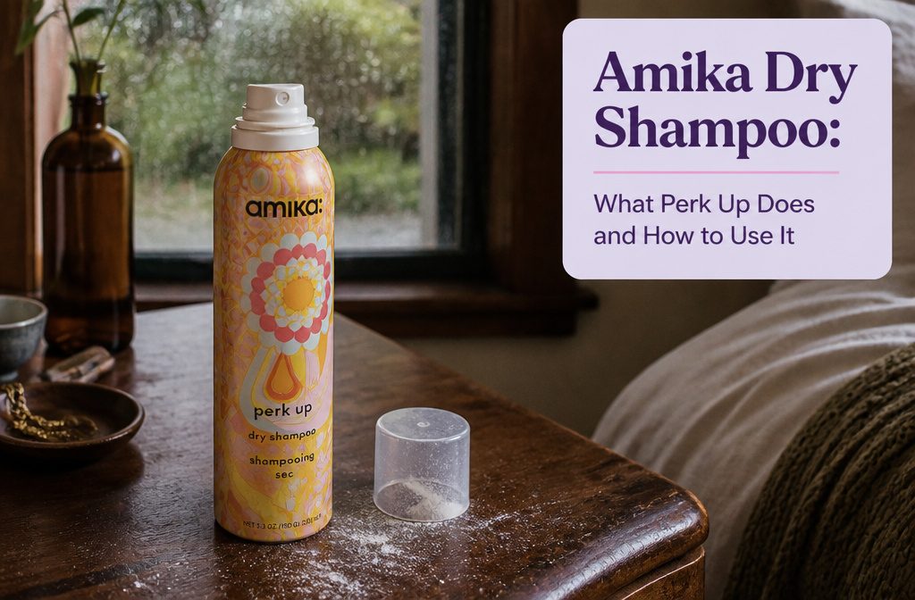 Amika dry shampoo can with a clean, simple product-focused backdrop