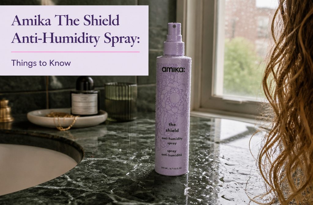 Amika The Shield spray can beside styled hair