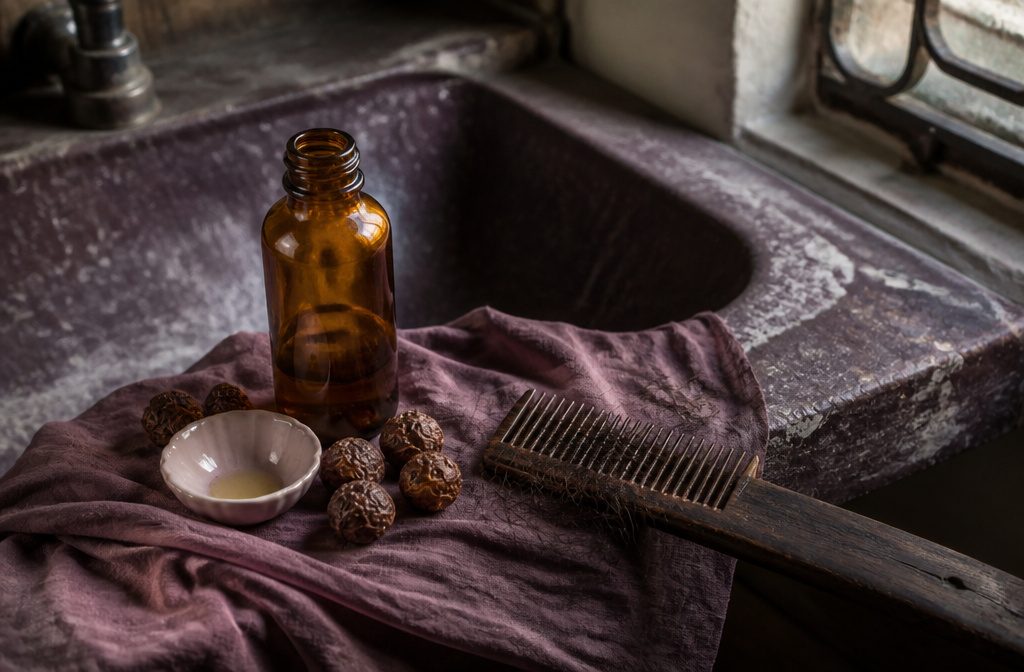 Amla oil bottle beside a wooden comb and folded cotton cloth