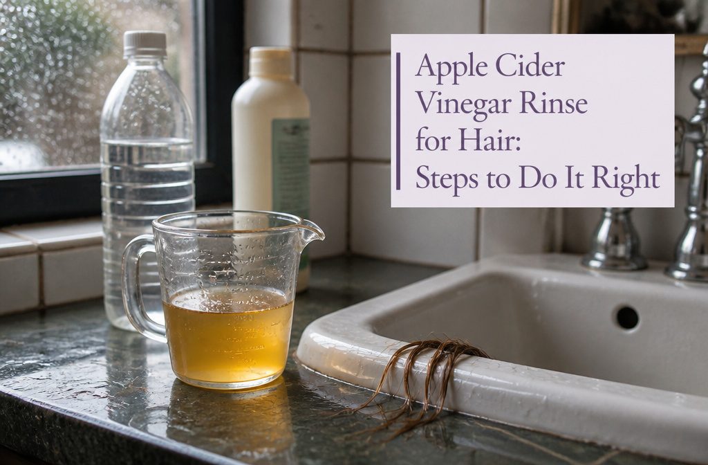 Apple cider vinegar hair rinse arranged for a beauty article