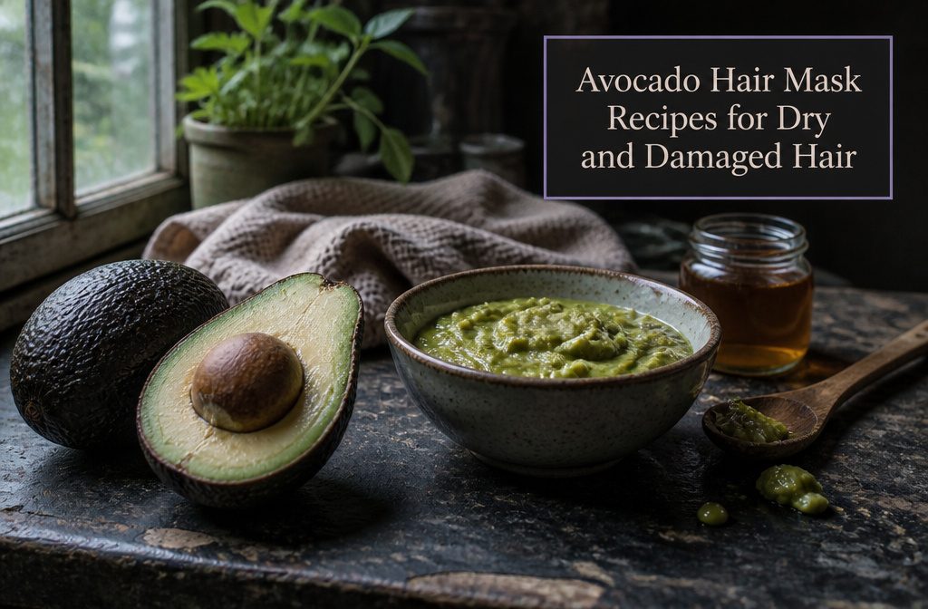 Cut avocado with creamy green flesh beside a loose curl of dark textured hair