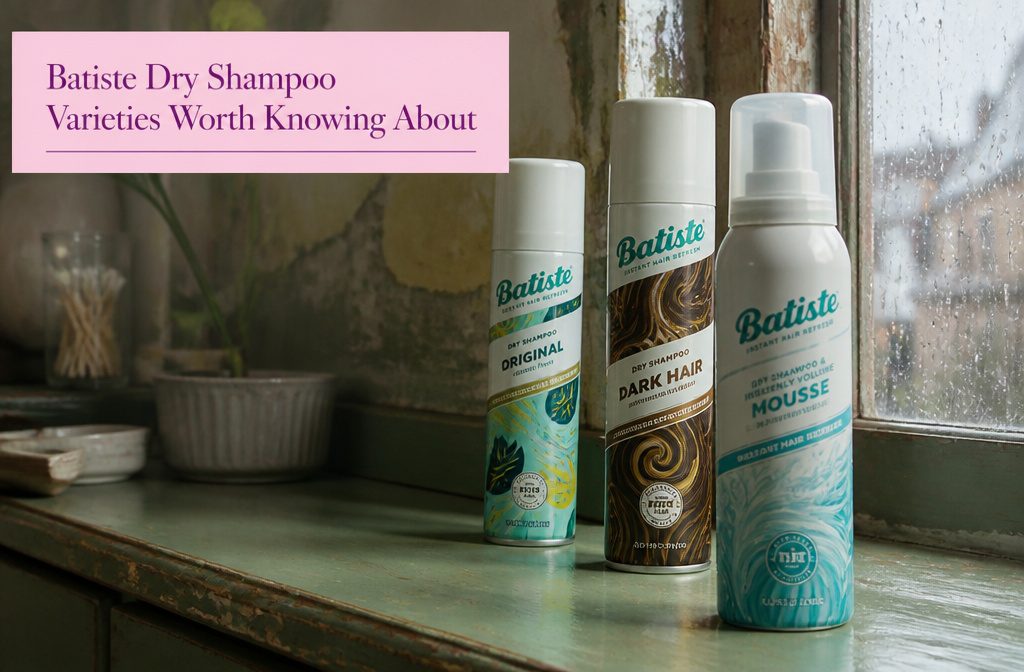 Batiste dry shampoo cans arranged together with labels showing different formulas and scents