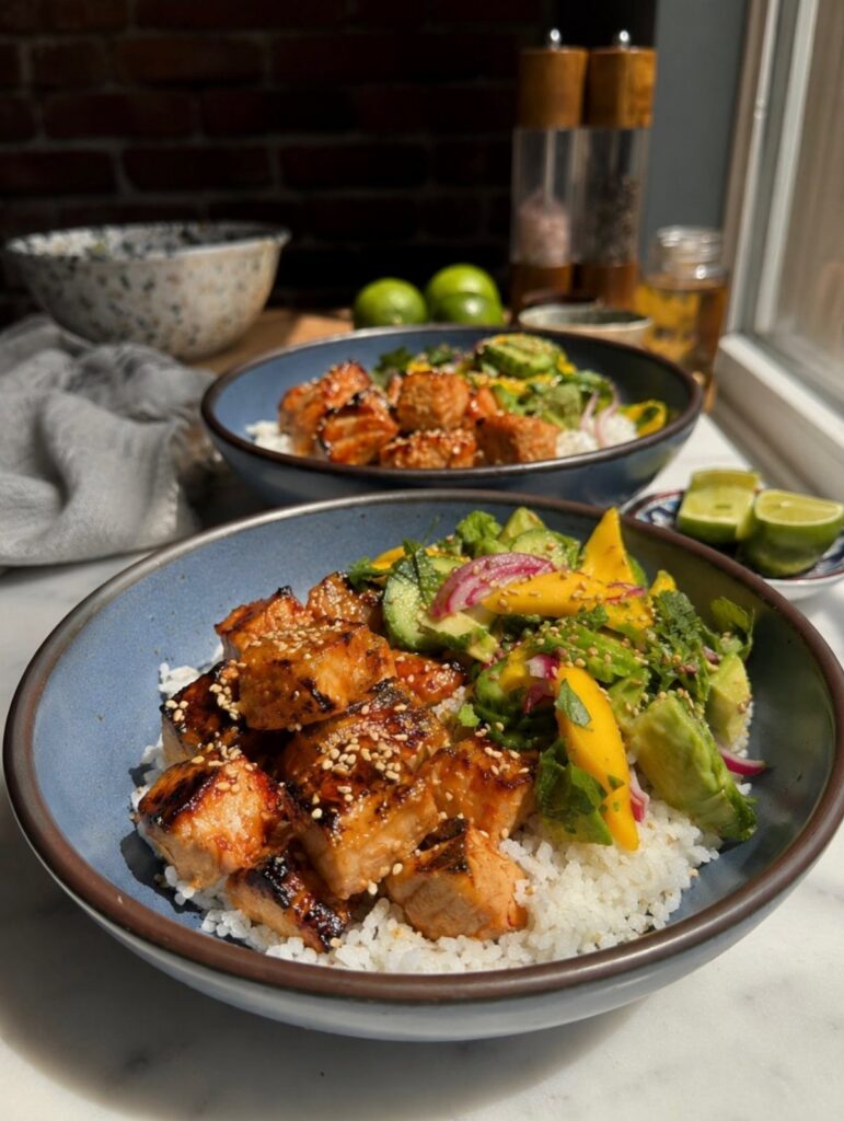 Glazed salmon chunks with white rice and avocado mango salad in blue bowls