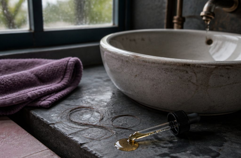 Castor oil in a small dish beside smooth, healthy hair