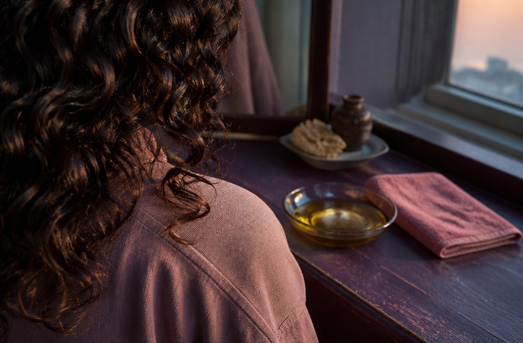Hair strands coated with thick castor oil