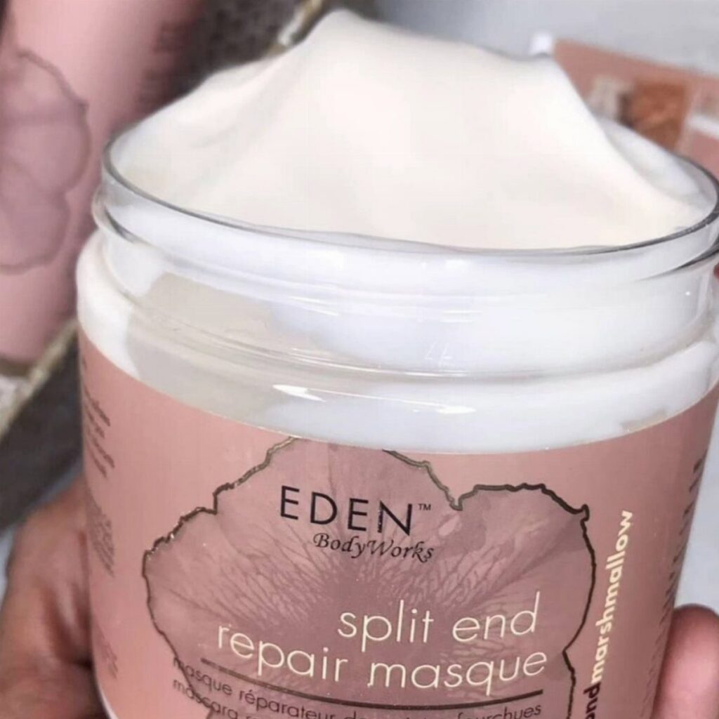 Eden BodyWorks split end repair masque jar filled with thick white hair cream.