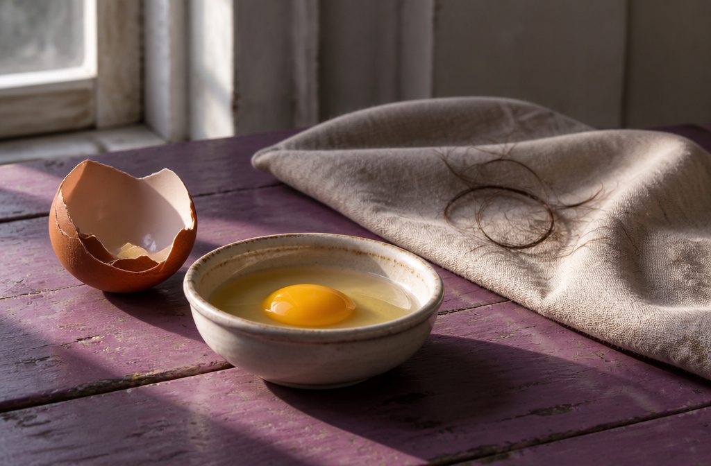 Egg beside a strand of dark hair