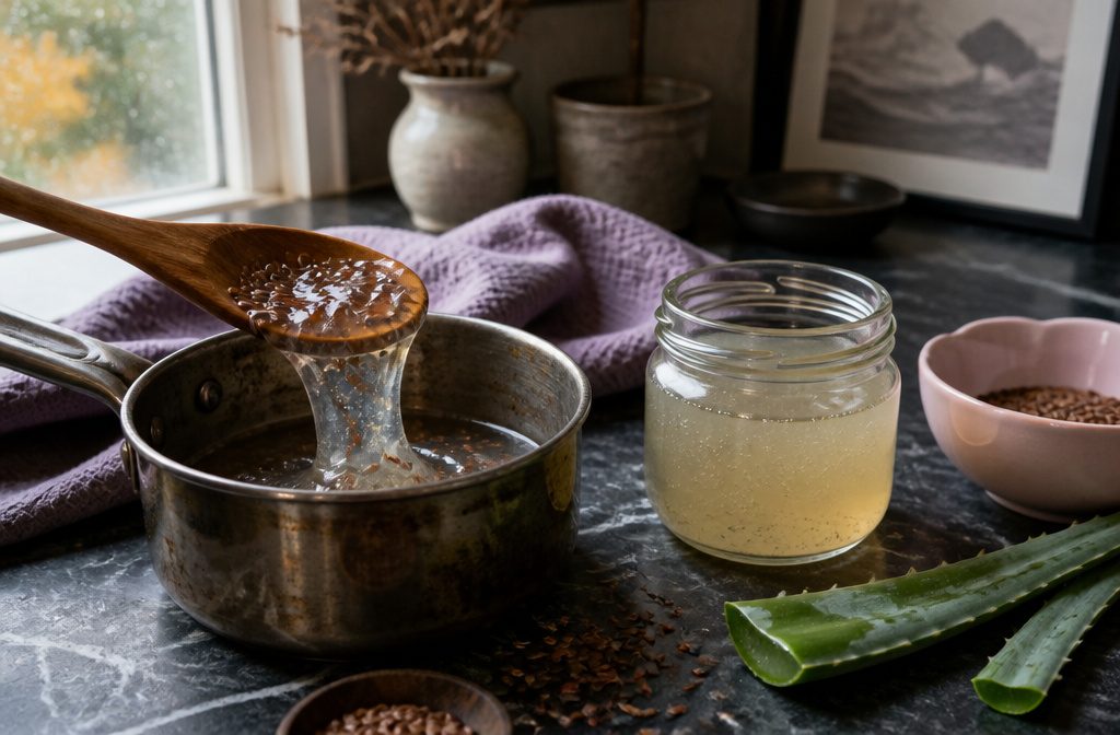 Flaxseed gel in a bowl beside whole flaxseeds and a glass of water