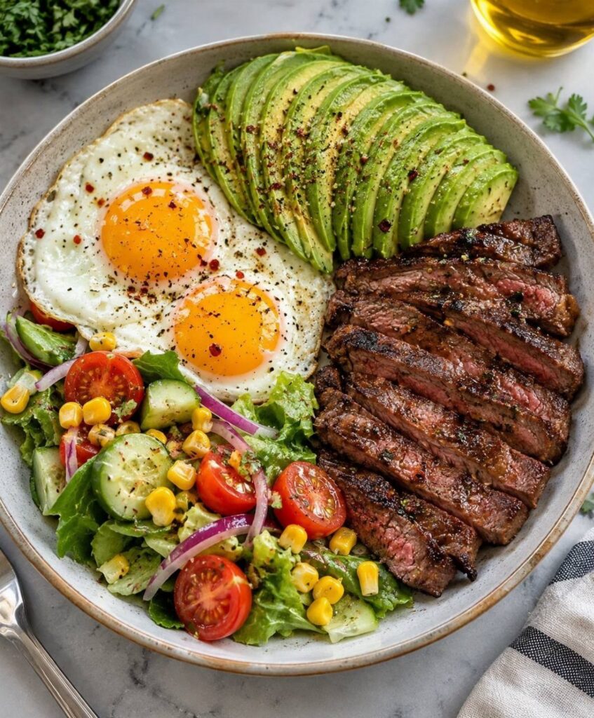 Grilled steak slices with fried eggs, avocado, and fresh garden salad in a bowl.