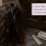 Woman with softly textured hair beside shampoo and conditioner on a bathroom shelf