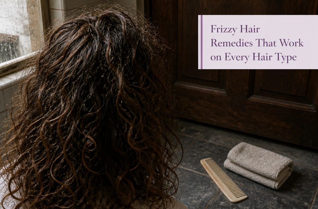 Woman with softly textured hair beside shampoo and conditioner on a bathroom shelf