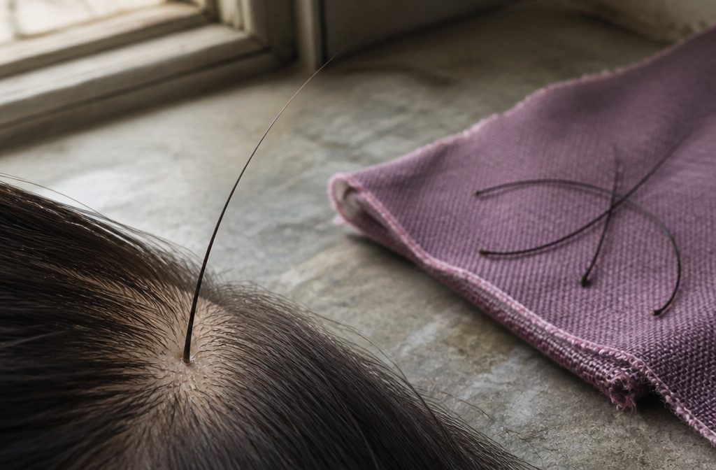 Scalp follicles at different stages with hairs growing, resting, and shedding