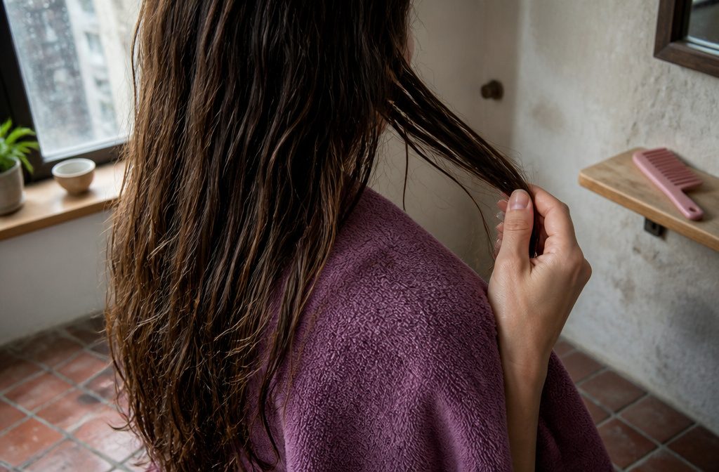 Woman with long hair checking its length in a bathroom mirror
