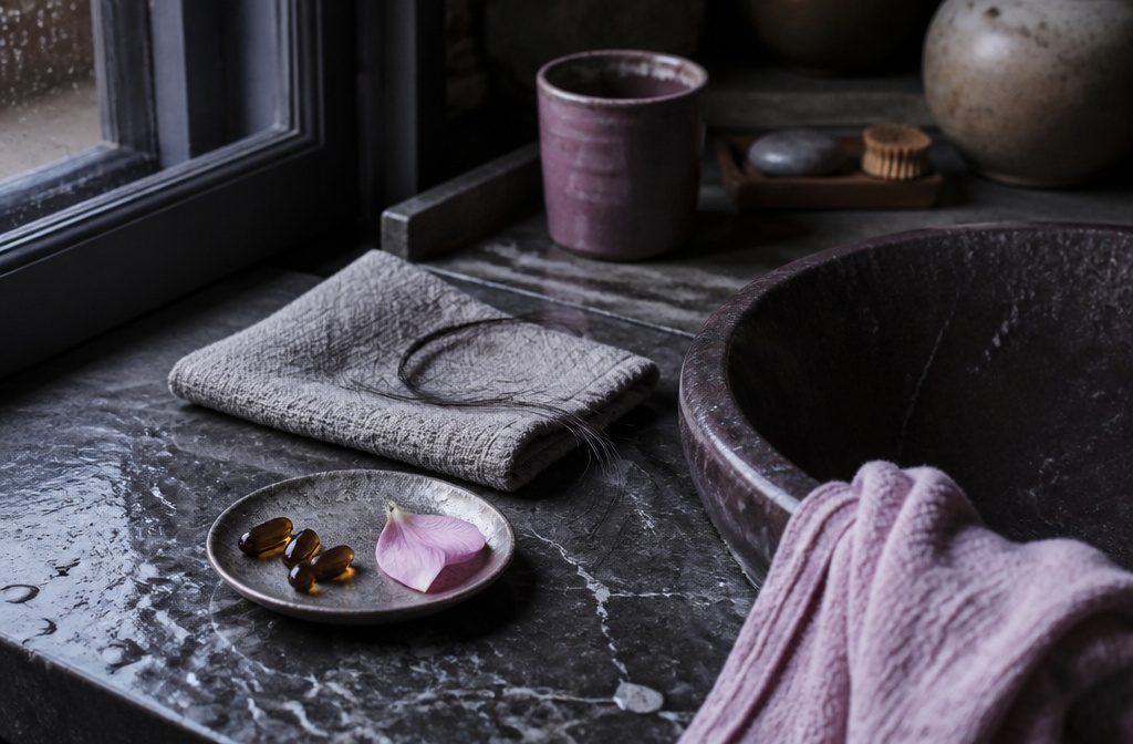 Hair, nails, and skin vitamins arranged in a beauty supplement scene