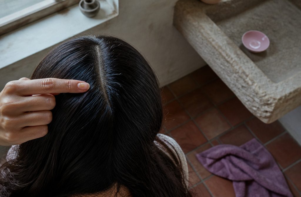 Hair oil applied to hair strands with the scalp visible at the roots