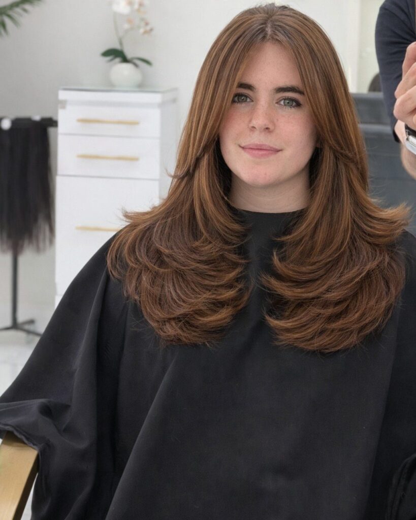 Woman with long reddish-brown hair featuring voluminous face-framing layers and a center part.