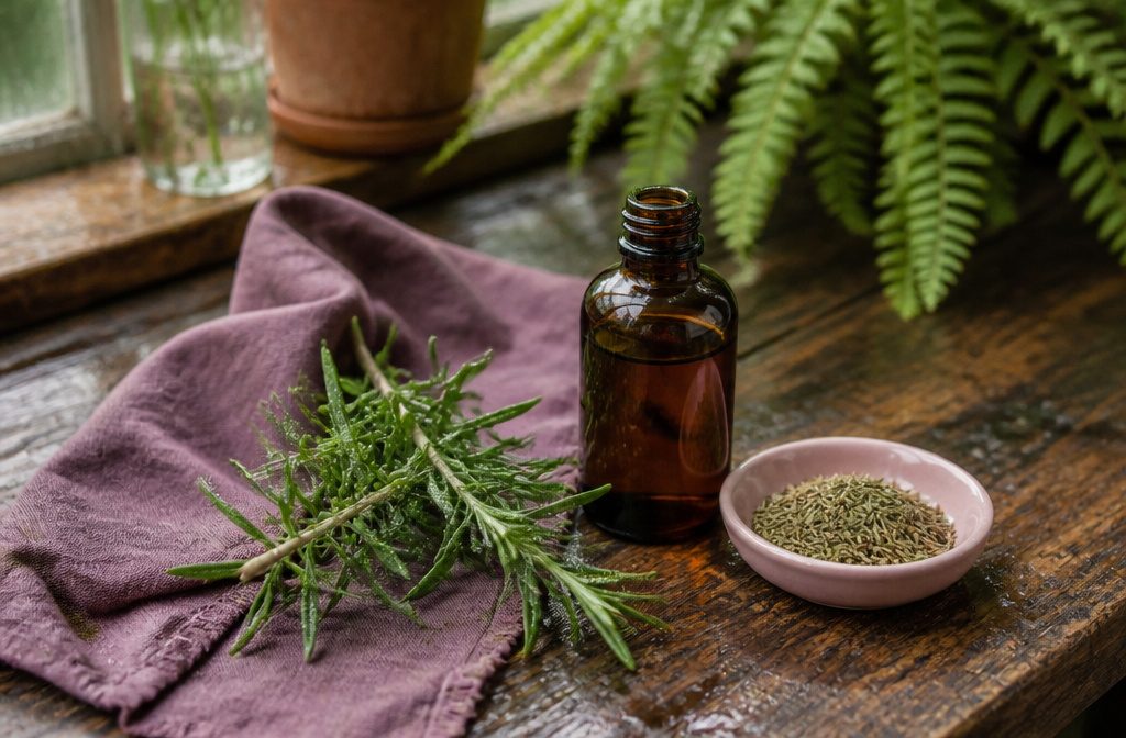 Rosemary sprigs, herbal powders, oils, and a bowl of scalp treatment