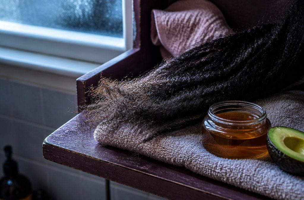 Loose curly strands with lifted cuticle edges beside a dark comb and glass dish of oil and shea butter