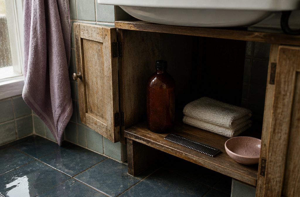 Person with damp hair parted at the crown, one hand checking the scalp