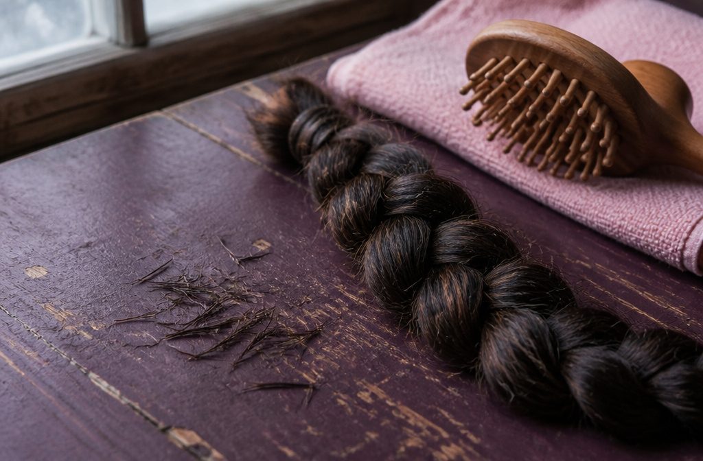 Long hair draped over a shoulder as a cushioned brush moves through the tips