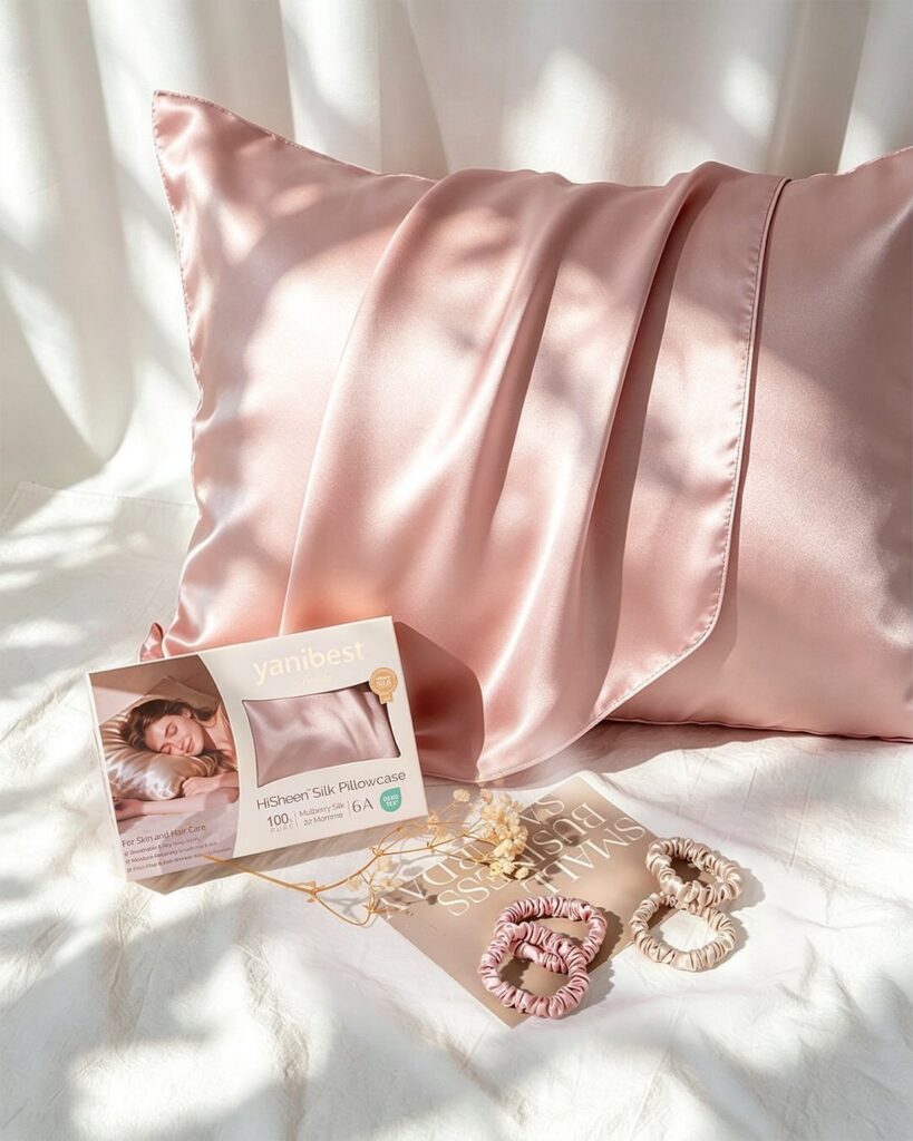 Pink silk pillowcase with matching scrunchies and product packaging on white bedding.