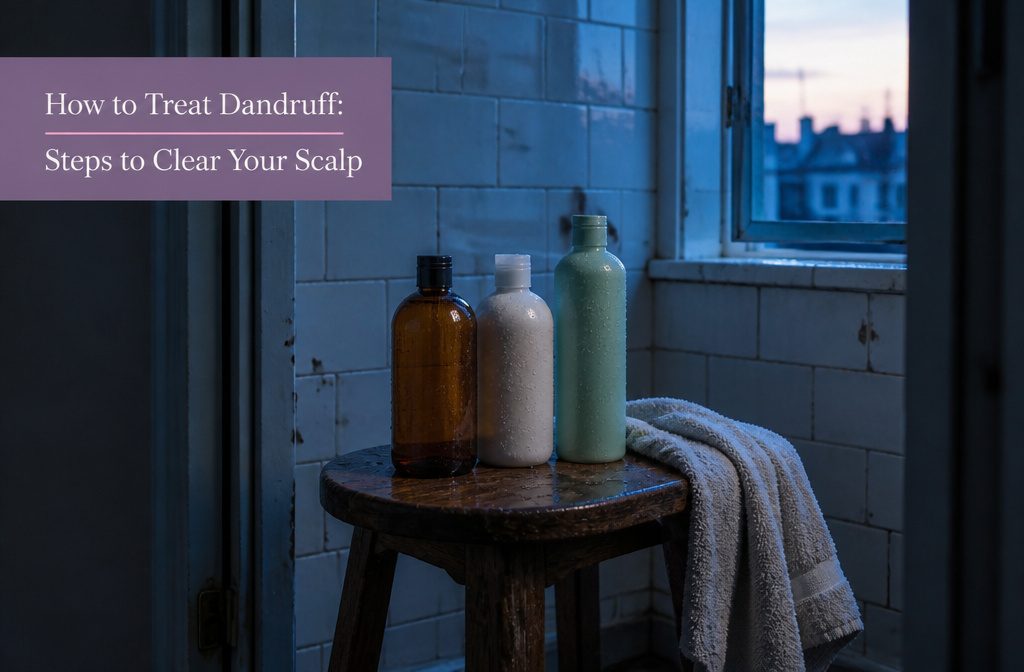 Dandruff flakes on a scalp beside the article title