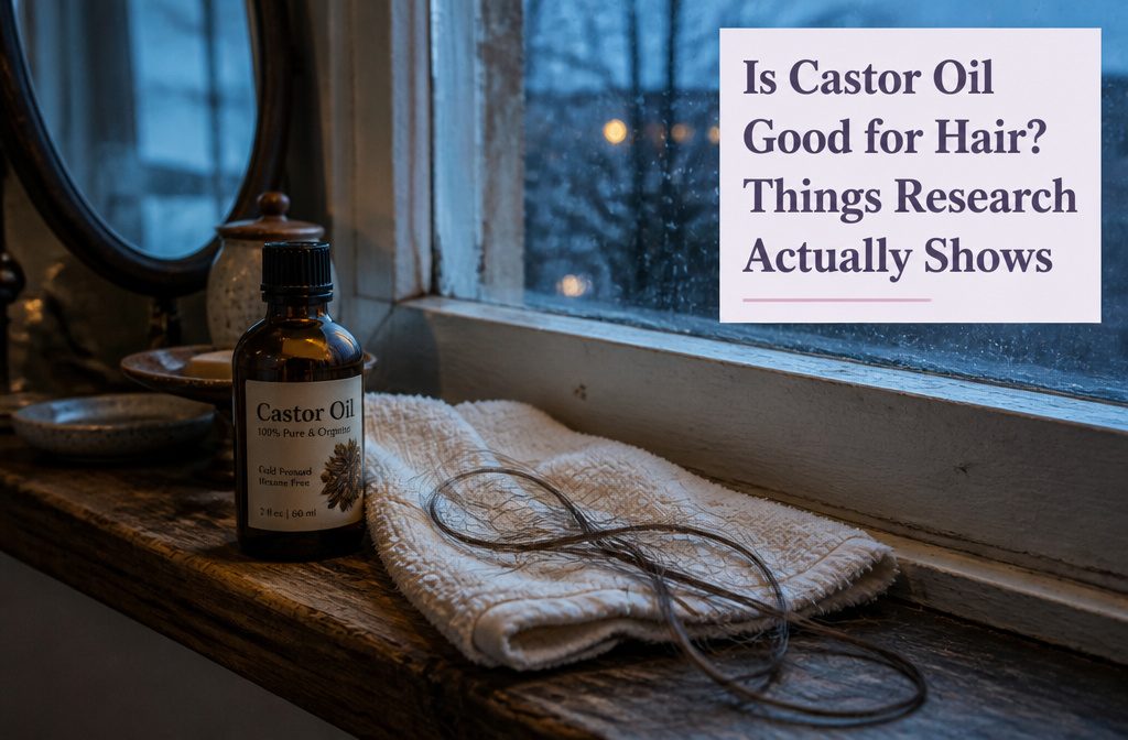 Castor oil beside strands of hair arranged for a hair care article