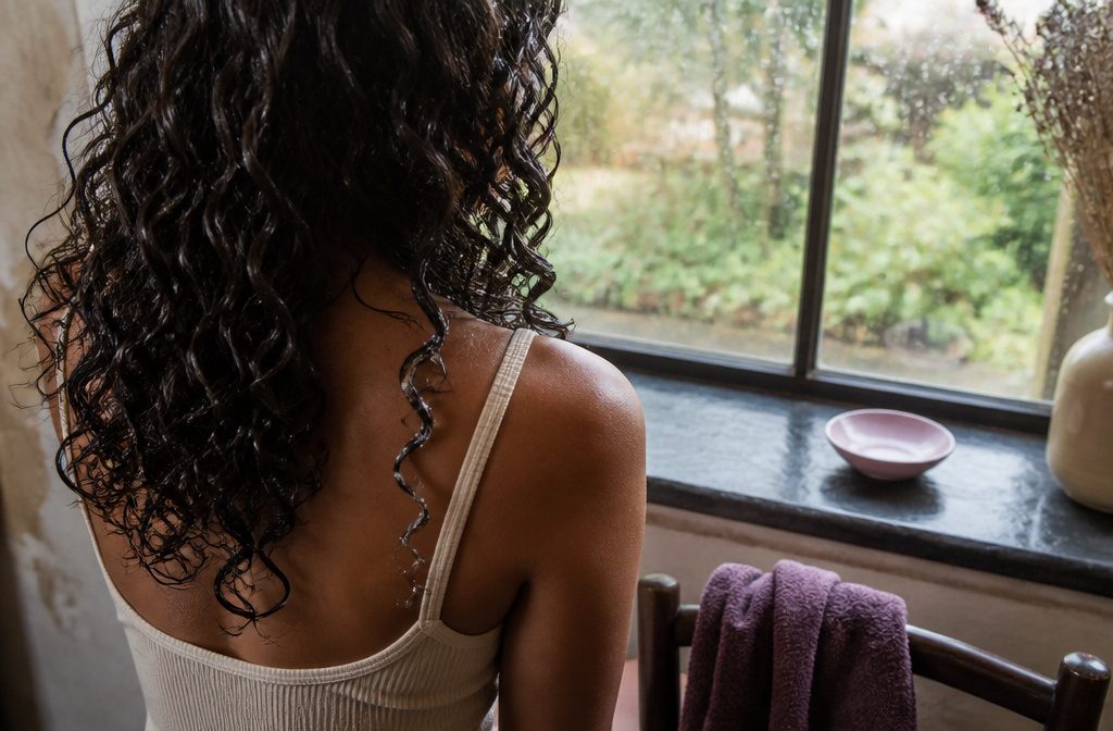 Damp hair gathered into a loose braid along the shoulder and back
