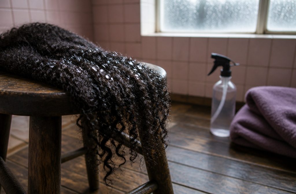 Natural curls with smooth strands and clear water beads resting on the surface