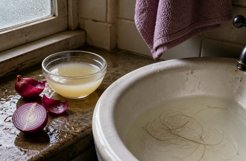 Small dish of onion juice beside onion layers and a wooden comb with loose strands