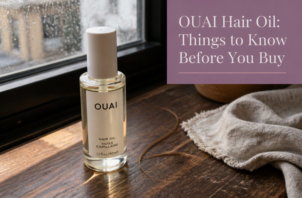 OUAI Hair Oil bottle beside glossy strands of hair