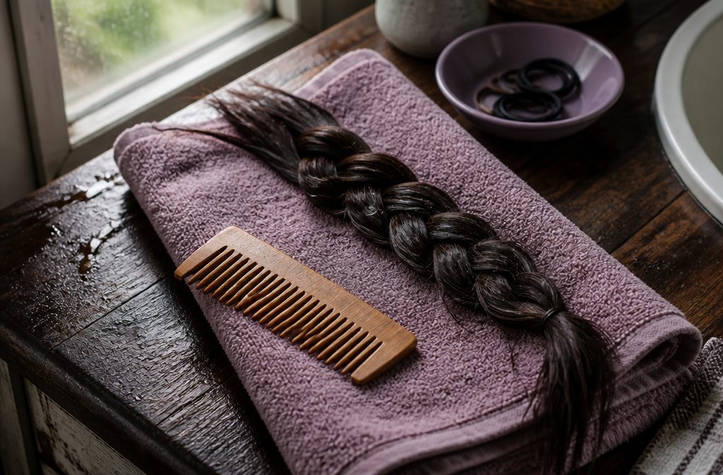 Long hair beside a brush and hair-care products on a table
