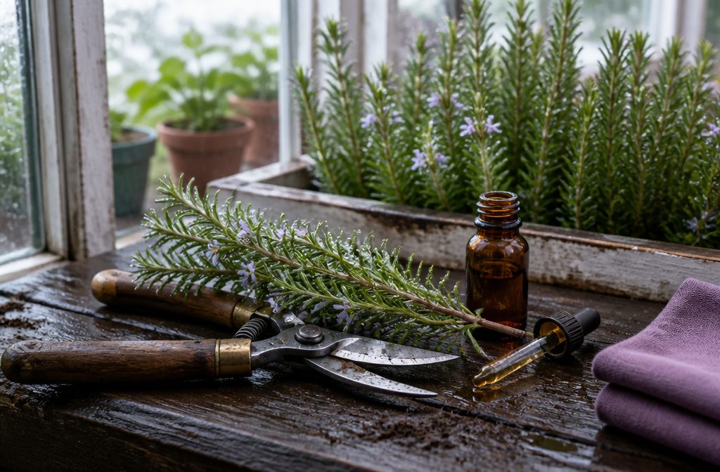 Rosemary sprig beside a small glass dish of rosemary oil