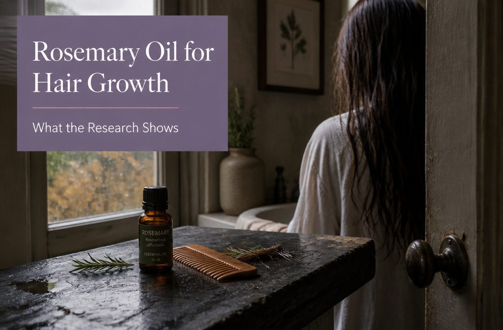 Rosemary sprigs beside a bottle of hair oil