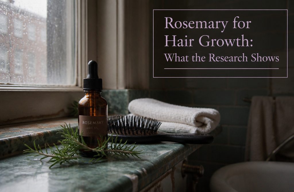 Rosemary sprigs beside a small bottle of oil on a light surface