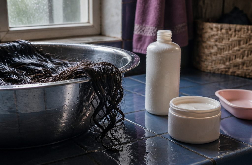 Low-porosity curls beside lightweight shampoo and thick cream on a ceramic dish