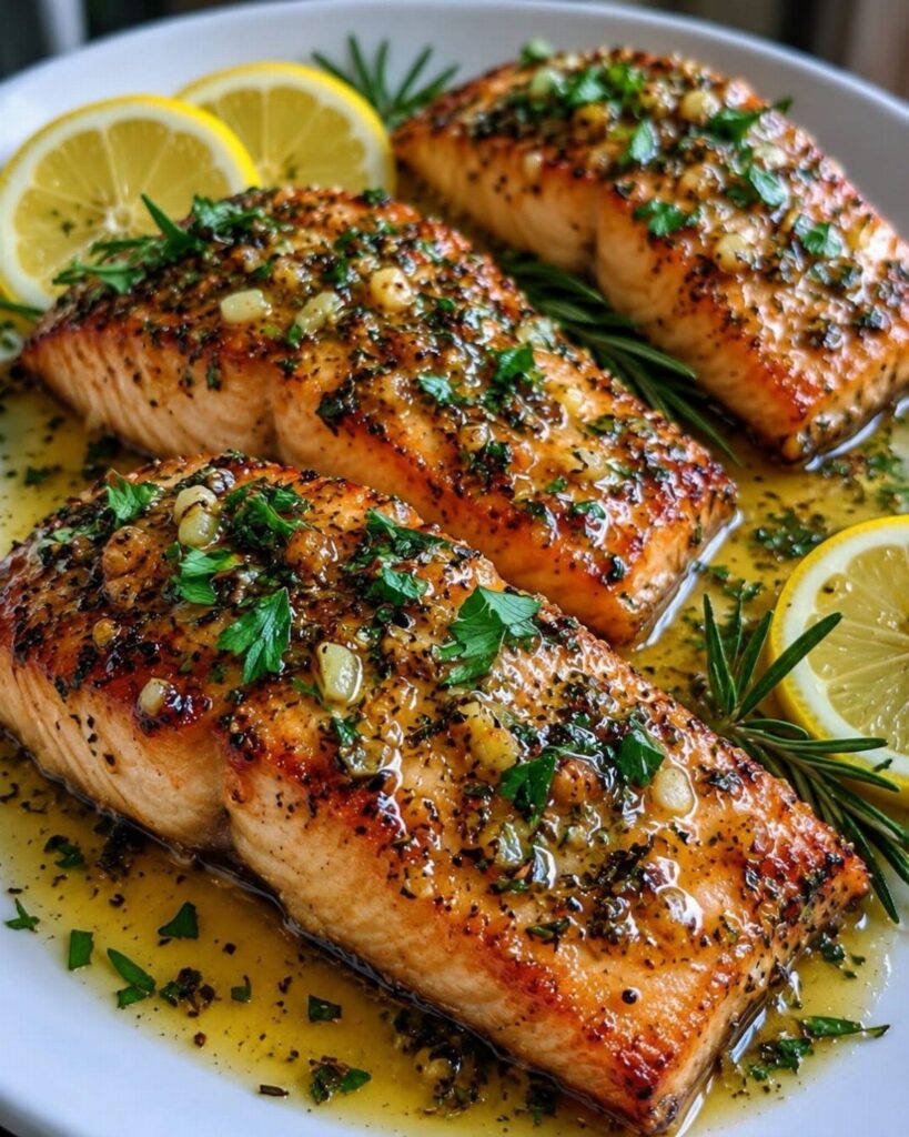 Cooked salmon fillets with herbs and lemon slices on a white plate.